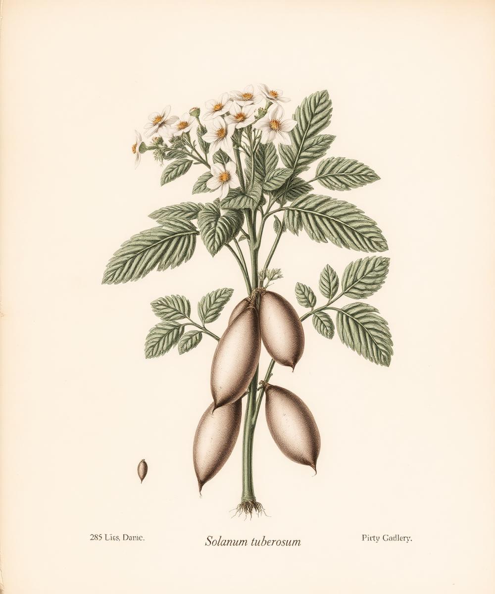 Antique botanical plate of the Solanum tuberosum potato plant with flowers and tubers